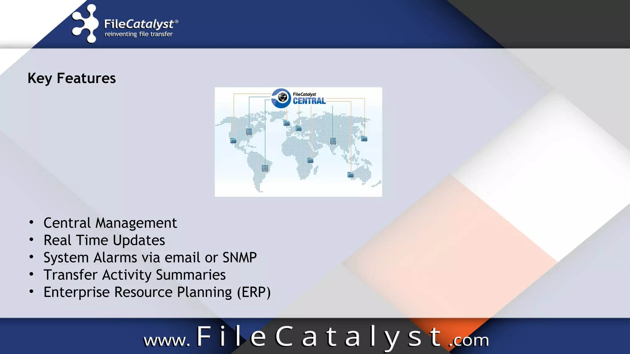Key Features
• Central Management
• Real Time Updates
• System Alarms via email or SNMP
• Transfer Activity Summaries
• Enterprise Resource Planning (ERP)
 