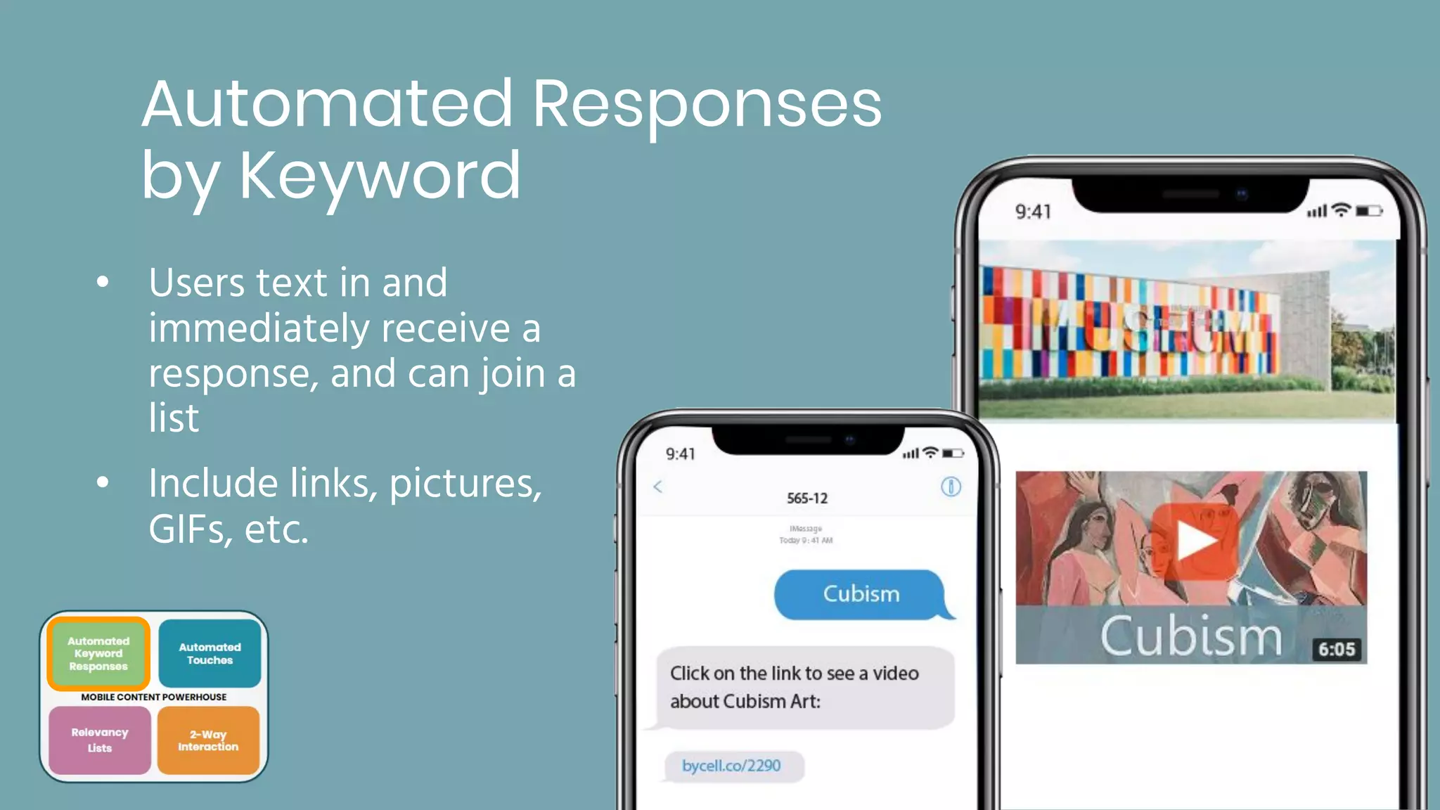 Automated Responses
by Keyword
• Users text in and
immediately receive a
response, and can join a
list
• Include links, pictures,
GIFs, etc.
 