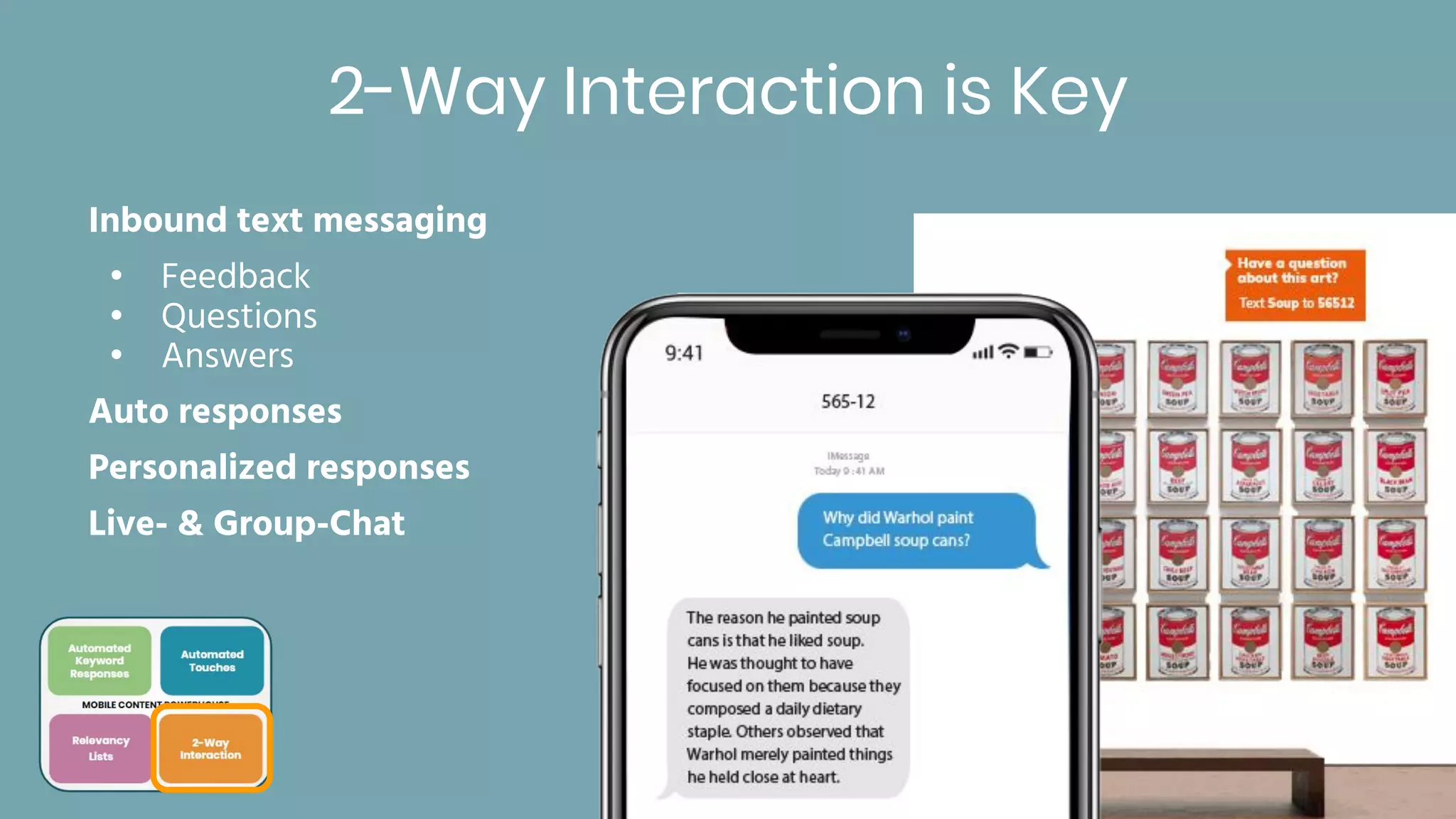 2-Way Interaction is Key
Inbound text messaging
• Feedback
• Questions
• Answers
Auto responses
Personalized responses
Live- & Group-Chat
 