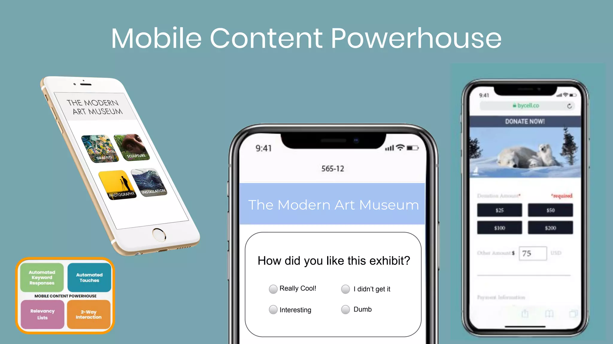 The Modern Art Museum
How did you like this exhibit?
Really Cool!
Interesting
I didn’t get it
Dumb
Mobile Content Powerhouse
 