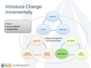 Introduce Change 
Incrementally 
Structure 
Metrics Governance 
Change Management 
& Communication 
Assessment 
Targeted 
Coaching 
Measure 
Improvement 
Form Teams 
Teach 
Practices 
Guide Culture 
• Trust 
• Accountability 
• Adaptability 
 