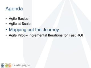 Agenda 
• Agile Basics 
• Agile at Scale 
• Mapping out the Journey 
• Agile Pilot – Incremental Iterations for Fast ROI 
 