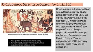 Ο άνθρωπος δίνει τα ονόματα, Γεν. 2. 15,19-20
Πήρε, λοιπόν, ο Κύριος ο Θεός
τον άνθρωπο και τον έβαλε
μέσα στον κήπο της Εδέμ για
να τον καλλιεργεί και να τον
προσέχει. Ο Κύριος έπλασε
από το έδαφος όλα τα ζώα
του αγρού και τα πτηνά του
ουρανού και τα έφερε
μπροστά στον άνθρωπο, για
να δει πώς θα τα ονομάσει.
Και ό,τι όνομα έδινε ο
άνθρωπος σε κάθε ζωντανή
ύπαρξη, αυτό ήταν και το
όνομά της.
1. Που έβαλε ο θεός τον ανθρωπο και γιατί;
2. Γιατί ο Θεός έδωσε εξουσία στον άνθρωπο να
ονομάσει τα ζώα-τι δείχνει αυτό;;
 