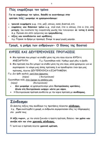 9
Για να εκφράσουμε τον τρόπο, δηλαδή να απαντήσουμε στην
ερώτηση μπορούμε να χρησιμοποιήσουμε:
 τροπικά επιρρήματα π.χ. έτσι, μαζί, αλλιώς, καλά, βιαστικά, κτλ.
 εκφράσεις που δηλώνουν τρόπο π.χ. σιγά σιγά, έτσι κι αλλιώς, έτσι κι έτσι, κτλ.
μετοχές του ενεστώτα της ενεργητικής φωνής που τελειώνουν σε –οντας ή ώντας
π.χ. Έφτασα στο σπίτι τρέχοντας και τραγουδώντας.
 λέξεις που συνοδεύονται από προθέσεις.
π.χ. Πέρασε το δρόμο με προσοχή. Έκοψε το ψωμί χωρίς μαχαίρι.
Μια πρόταση που μπορεί να σταθεί μόνη της στο λόγο λέγεται ΚΥΡΙΑ ή
ΑΝΕΞΑΡΤΗΤΗ Π.χ. Προσπάθησα πολύ. Ήρθαμε αργά χθες το βράδυ.
Μια πρόταση που δεν μπορεί να σταθεί μόνη της στο λόγο, αλλά χρησιμεύει για να
συμπληρώσει το νόημα μιας άλλης πρότασης ή να προσδιορίσει έναν όρο μιας
πρότασης, λέγεται ΔΕΥΤΕΡΕΥΟΥΣΑ ή ΕΞΑΡΤΗΜΕΝΗ.
Π.χ. Δεν ήρθε σχολείο, γιατί ήταν άρρωστος.
(κύρια) ( δευτερεύουσα)
Προσπάθησα πολύ, όταν έγραφα τις ασκήσεις μου.
(κύρια) (δευτερεύουσα)
 Δεν μπορούμε να χρησιμοποιούμε μόνο δευτερεύουσες προτάσεις.
Δίπλα στη δευτερεύουσα υπάρχει πάντα μια κύρια.
 Η δευτερεύουσα πρόταση συνδέεται με την κύρια πρόταση με συνδέσμους.
Οι άκλιτες λέξεις που συνδέουν τις προτάσεις λέγονται σύνδεσμοι.
π.χ. Πριν αναπτυχθεί η γραφή, οι άνθρωποι συγκρατούσαν όλες τις πληροφορίες
στο μυαλό τους.
Η λέξη «πριν», με την οποία ξεκινάει η πρώτη πρόταση, δηλώνει τον χρόνο που
συνέβη κάτι και είναι χρονικός σύνδεσμος.
Γι’ αυτό και η πρόταση λέγεται χρονική πρόταση.
 