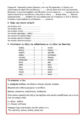 5
Γραμμική Β΄ παρουσίαζε μεγάλες δυσκολίες, γιατί είχε 90 χαρακτήρες, οι Έλληνες την
εγκατέλειψαν και πήραν από τους Φοίνικες, ………..… λαό που ζούσε στις ακτές της ανατολικής
Μεσογείου, το φοινικικό αλφάβητο. Αυτό θα πρέπει να έγινε πρώτα σε ……..… περιοχή που είχε
συχνή επικοινωνία με τους Φοίνικες, όπως ήταν οι πόλεις ………. Μικράς Ασίας. ……… Φοίνικες
χρησιμοποιούσαν ……….. αλφάβητο που είχε σύμβολα μόνο για τα σύμφωνα, γι’ αυτό οι Έλληνες
επινόησαν κι άλλα σύμβολα για να δηλώσουν …….… φωνήεντα.
8. Γράψε πώς λέγεται αυτός/ή:
που φτιάχνει οίνο : ……………………………………….
που φτιάχνει άρτο:…………………………………………
που εκτρέφει πτηνά:……………………………………..
που πουλάει ψάρια(ψάρι = ιχθύς):……………………………………………….
που περιποιείται μαλλιά (κόμη):…………………………………………………..
που πουλάει φρούτα ( όπωρα):……………………………………………………..
που πουλάει παλιά αντικείμενα:……………………………………………………..
9. Αντιστοίχισε τις λέξεις της καθαρεύουσας με τις λέξεις της δημοτικής:
κόμβος   κουμπί
άρκτος   κόμπος
κομβίον   αρκούδα
σησάμι   κατσούφης
κατηφής   θυμάμαι
ενθυμούμαι   σουσάμι
άρτος   ψάρι
ιχθύς   ψωμί
κόμη   παλιό
πτηνό   μαλλιά
παλαιό   κρασί
οίνος   πουλί
Το στερητικό –α /αν-
α- στερητικό πρόθημα, που δηλώνει έλλειψη, απουσία, στέρηση.
Μπροστά από επίθετα φανερώνει το αντίθετο:
άβουλος, απέραντος, αναξιόπιστος, ανεδαφικός
Όταν μπαίνει μπροστά από λέξεις που αρχίζουν από φωνήεν προσθέτουμε ένα ν για να
είναι πιο εύηχη η λέξη:
α + άξιος= ανάξιος
α + έτοιμος= ανέτοιμος
Υπάρχουν όμως περιπτώσεις που δεν μπαίνει το ν.
Π.χ. αήττητος, άυπνος, άοπλος, άυλος κλπ.
 