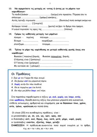 7
13. Να σχηματίσετε τις μετοχές σε –οντας ή ώντας με τα ρήματα των
παρενθέσεων:
Τα παιδιά βγήκαν ……………………………………… (τρέχω) στο προαύλιο. Πέρασα όλο το
απόγευμα ………………………………. (γράφω) ασκήσεις .
Αυτός έφτιαξε περιουσία ………………………………………… (δουλεύω) πολύ σκληρά ακόμα και
……………………………….… ( ξενυχτώ).
Κατάφερε τελικά ………………………………….. (ρωτώ) να βρει το δρόμο που έψαχνε.
Η γιαγιά περνούσε τις ώρες της ……………………………………… (πλέκω).
14. Γράφω τις παθητικές μετοχές των ρημάτων
λύνομαι - λυμένος πλένομαι………………………………
δένομαι -…………………………. κουράζομαι…………………………….
στολίζομαι……………………….. πνίγομαι…………………………………
15. Τρέπω το ρήμα της παρένθεσης σε μετοχή παθητικής φωνής όπως στο
παράδειγμα:
Φυσούσε ( παγώνω) βοριάς. Φυσούσε παγωμένος βοριάς.
Ο Κώστας είναι ( ξαπλώνω) ……………………………..…………………………
Ο Γιάννης είναι (χαίρομαι) ……………………………………………………………
Με κοιτούσε σα ( χάνομαι) ………………………………………..………………
1. Εγώ με τον Γιώργο θα πάμε σινεμά.
2. Θα βγούμε από την μπροστινή πόρτα.
3. Χωρίς αυτήν δεν πάω πουθενά.
4. Θα σε περιμένω για ένα λεπτό.
5. Θα πάμε μια βόλτα ίσαμε εκεί πέρα.
Στα παραπάνω παραδείγματα οι λέξεις: με, από, χωρίς, για, ίσαμε, εκτός,
είναι προθέσεις, δηλαδή άκλιτες λέξεις που μπαίνουν μπροστά από ουσιαστικά,
επίθετα, αντωνυμίες, αριθμητικά και επιρρήματα, για να δηλώσουν τόπο, χρόνο,
αιτία, τρόπο, προέλευση και πολλά άλλα.
Οι είκοσι (20) πιο συνηθισμένες προθέσεις είναι :
οι μονοσύλλαβες: με, σε, για, ως, πριν, προς, σαν
οι δισύλλαβες: αντί, από, δίχως, έως, κατά, μετά, μέχρι, παρά, χωρίς
οι τρισύλλαβες: εναντίον, εξαιτίας, ίσαμε, μεταξύ
ΣΗΜΕΙΩΣΗ: Η πρόθεση σε συναντιέται πολύ συχνά ενωμένη με το άρθρο,
π.χ. σε + το = στο, σε + τη = στη
 