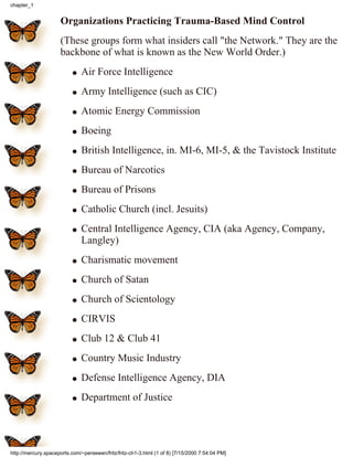 Organizations Practicing Trauma-Based Mind Control
(These groups form what insiders call "the Network." They are the
backb...