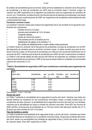 21/40
El análisis de sensibilidad para los tramos viales primero estableció la variación de la frecuencia
de accidentes y la tasa de accidentes con ADT para la condición base o nominal. Luego, se
variaron los CMF específicos en el algoritmo de predicción para los segmentos de carretera de
uno en uno. Finalmente, se determinaron las frecuencias de accidentes pronosticadas y las tasas
de accidentes para combinaciones de CMF con experiencia de accidentes extremadamente alta
y extremadamente baja.
Condición nominal o base
La condición nominal o base para evaluar los segmentos de la vía consiste en la siguiente com-
binación de condiciones:
• Carriles de 3,6 m (12 pies).
• arcenes pavimentados de 1,8 m (6 pies).
• Tangente calzada _
• Grado de nivel (0 por ciento ).
• Tres accesos por km (5 accesos por mi).
• Clasificación de peligro en la carretera = 3.
• Sin carriles de adelantamiento o cuatro carriles cortos secciones.
La Tabla 6 ilustra la variación de la frecuencia de accidentes y la tasa de accidentes con el ADT
del segmento de carretera para la condición nominal o base. La tabla muestra que para la con-
dición nominal o base, la frecuencia de accidentes por milla por año aumenta linealmente con el
aumento de ADT, mientras que la tasa de accidentes por millón de veh-mi permanece constante.
La Tabla 6 y las demás tablas de esta sección del informe se presentan en unidades convencio-
nales porque todas las ecuaciones y CMF en las que se basan están en unidades convencionales
(véanse las secciones 3 y 4).
51
Tabla 6. Sensibilidad de seguridad a ADT para condiciones nominales para segmentos de
carretera.
ADT
(veh/ dia ) Accidentes por
mi
po
r
año Acciden-
tes
por mi-
llón
veh-mi
400 0.09 0,61
1,000 0.22 0,61
3,000 0,67 0,61
5,000 1.12 0,61
10,000 2.24 0,61
Conversión : 1 mi = 1,61 km
Ancho de carril
La Tabla 7 presenta la sensibilidad de la seguridad al ancho del carril, mientras que todos los
demás factores se mantienen en sus condiciones nominales o base. La tabla muestra que, en
condiciones de bajo volumen, la sensibilidad de la seguridad al ancho del carril es muy limitada,
mientras que la sensibilidad es mayor a niveles de volumen más altos. Para ADT por encima de
2000 veh/día, la frecuencia de accidentes es un 16,5 por ciento más alta para carriles de 2,7 m
(9 pies) que para carriles de 3,6 m (12 pies).
Tipo de hombro y ancho
La Tabla 8 presenta la sensibilidad de la seguridad al tipo y ancho del arcén, mientras que todos
los demás factores se mantienen en su condición nominal o base. Al igual que el efecto del ancho
del carril, existe una sensibilidad muy limitada de seguridad al tipo y ancho del arcén a niveles
de volumen bajos. Para ADT superiores a 2.000
 