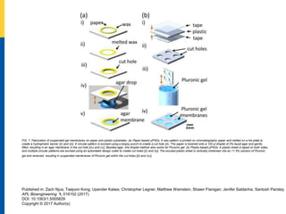 FIG. 7. Fabrication of suspended gel membranes on paper and plastic substrates. (a) Paper-based μPADs: A wax pattern is printed on chromatography paper and melted on a hot plate to
create a hydrophobic barrier [(i) and (ii)]. A circular pattern is excised using a biopsy punch to create a cut hole (iii). The paper is lowered onto a 100 μl droplet of 2% liquid agar and gently
lifted, resulting in an agar membrane in the cut hole [(iv) and (v)]. Besides agar, this droplet method also works for Pluronic gel. (b) Plastic-based μPADs: A plastic sheet is taped on both sides,
and multiple circular patterns are excised using an automated design cutter to create cut holes [(i) and (ii)]. The excised plastic sheet is vertically immersed into an 11.5% solution of Pluronic
gel and removed, resulting in suspended membranes of Pluronic gel within the cut holes [iii) and (iv)].
Published in: Zach Njus; Taejoon Kong; Upender Kalwa; Christopher Legner; Matthew Weinstein; Shawn Flanigan; Jenifer Saldanha; Santosh Pandey;
APL Bioengineering 1, 016102 (2017)
DOI: 10.1063/1.5005829
Copyright © 2017 Author(s)
 