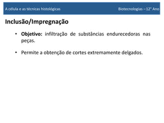 Inclusão/Impregnação
• Objetivo: infiltração de substâncias endurecedoras nas
peças.
• Permite a obtenção de cortes extremamente delgados.
A célula e as técnicas histológicas Biotecnologias –12° Ano
 