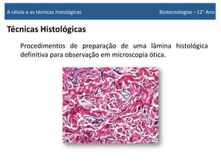 Técnicas Histológicas
Procedimentos de preparação de uma lâmina histológica
definitiva para observação em microscopia ótica.
A célula e as técnicas histológicas Biotecnologias –12° Ano
 