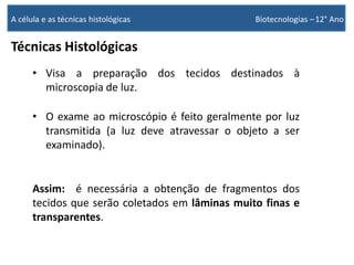 Técnicas Histológicas
• Visa a preparação dos tecidos destinados à
microscopia de luz.
• O exame ao microscópio é feito geralmente por luz
transmitida (a luz deve atravessar o objeto a ser
examinado).
Assim: é necessária a obtenção de fragmentos dos
tecidos que serão coletados em lâminas muito finas e
transparentes.
A célula e as técnicas histológicas Biotecnologias –12° Ano
 