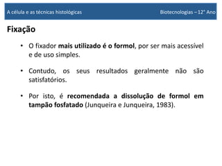 Fixação
• O fixador mais utilizado é o formol, por ser mais acessível
e de uso simples.
• Contudo, os seus resultados geralmente não são
satisfatórios.
• Por isto, é recomendada a dissolução de formol em
tampão fosfatado (Junqueira e Junqueira, 1983).
A célula e as técnicas histológicas Biotecnologias –12° Ano
 
