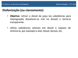 Diafanização (ou clareamento)
• Objetivo: retirar o álcool da peça (as substâncias para
impregnação dissolvem-se mal no álcool) e torná-la
transparente.
• Utiliza substâncias solúveis em álcool e capazes de
eliminá-lo, por exemplo o xilol, toluol, benzol, etc.
A célula e as técnicas histológicas Biotecnologias –12° Ano
 