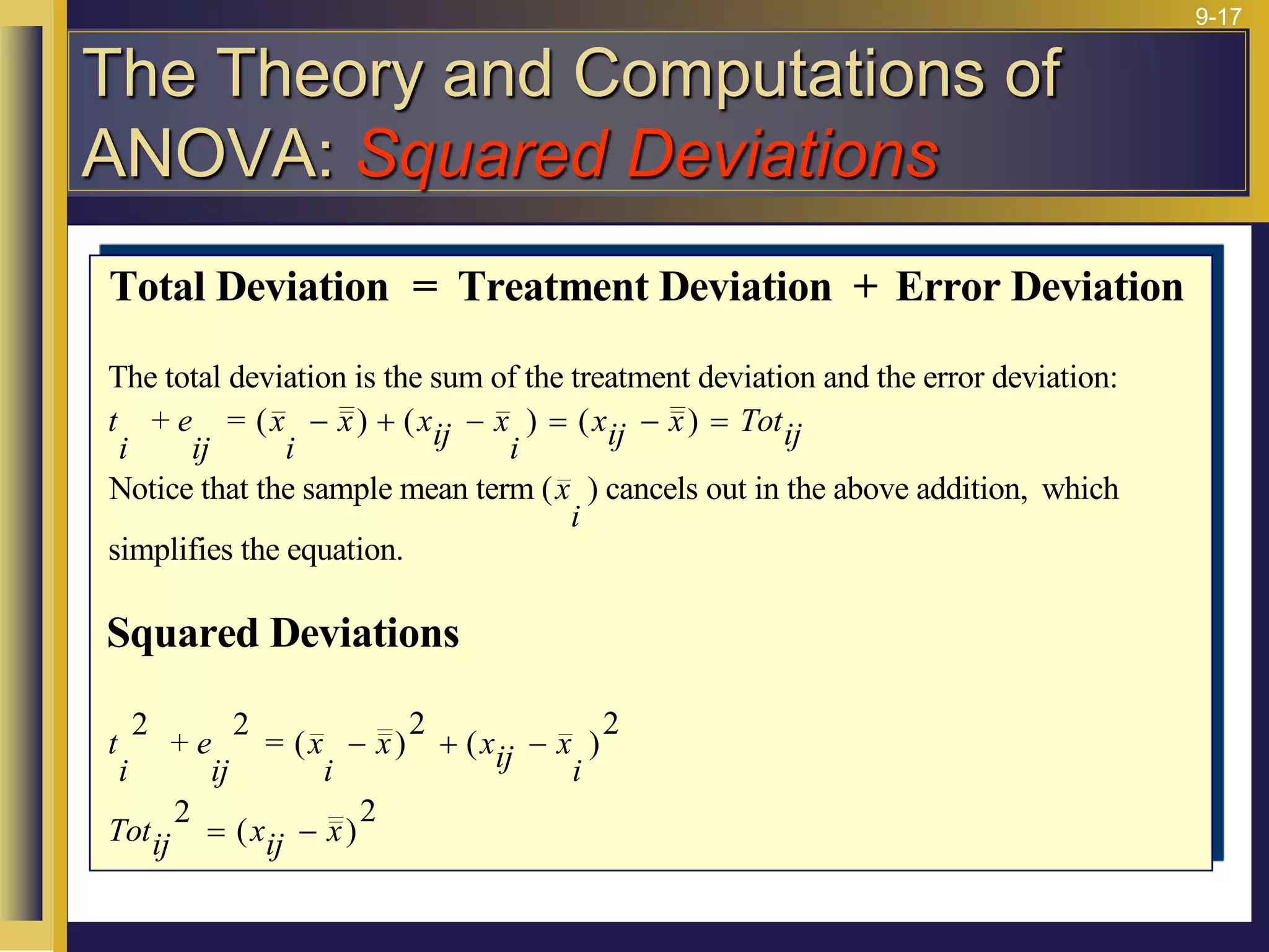 9-17
Total Deviation = Treatment Deviation + Error Deviation
Squared Deviations
The total deviation is the sum of the treatment deviation and the error deviation:
+ = ( ) ( )
Notice that the sample mean term ( ) cancels out in the above addition, which
simplifies the equation.
2
+
2
= ( )
2
( )
2
t
i
e
ij
x
i
x xij x
i
xij x Totij
x
i
t
i
e
ij
x
i
x xij x
i
Totij xij x
   =  =
  
= 
( )
( )
2 2
The Theory and Computations of
ANOVA: Squared Deviations
 