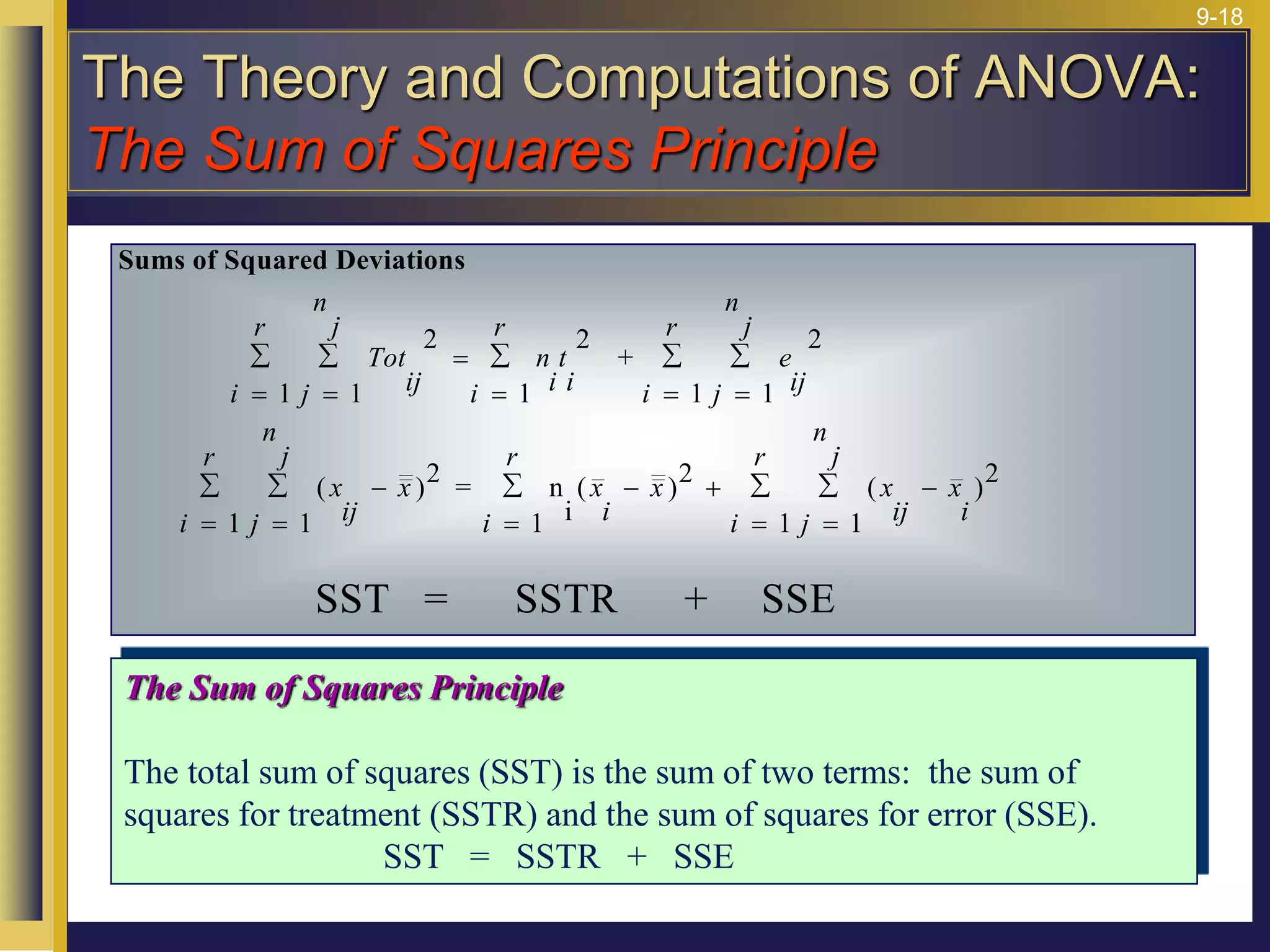 9-18
Sums of Squared Deviations
2
+
2
= n
i
( )
2
( )
2
SST = SSTR + SSE
Tot
ij
j
n
j
i
r
n
i
t
i
i
r
e
ij
j
n
j
i
r
x
ij
x
j
n
j
i
r
x
i
x
i
r
x
ij
x
i
j
n
j
i
r
2
1
1 1 1
1
2
1
1 1 1
1
=
=

=

=

=

=


=

=
 
=
  
=

=

( )
The Sum of Squares Principle
The total sum of squares (SST) is the sum of two terms: the sum of
squares for treatment (SSTR) and the sum of squares for error (SSE).
SST = SSTR + SSE
The Theory and Computations of ANOVA:
The Sum of Squares Principle
 