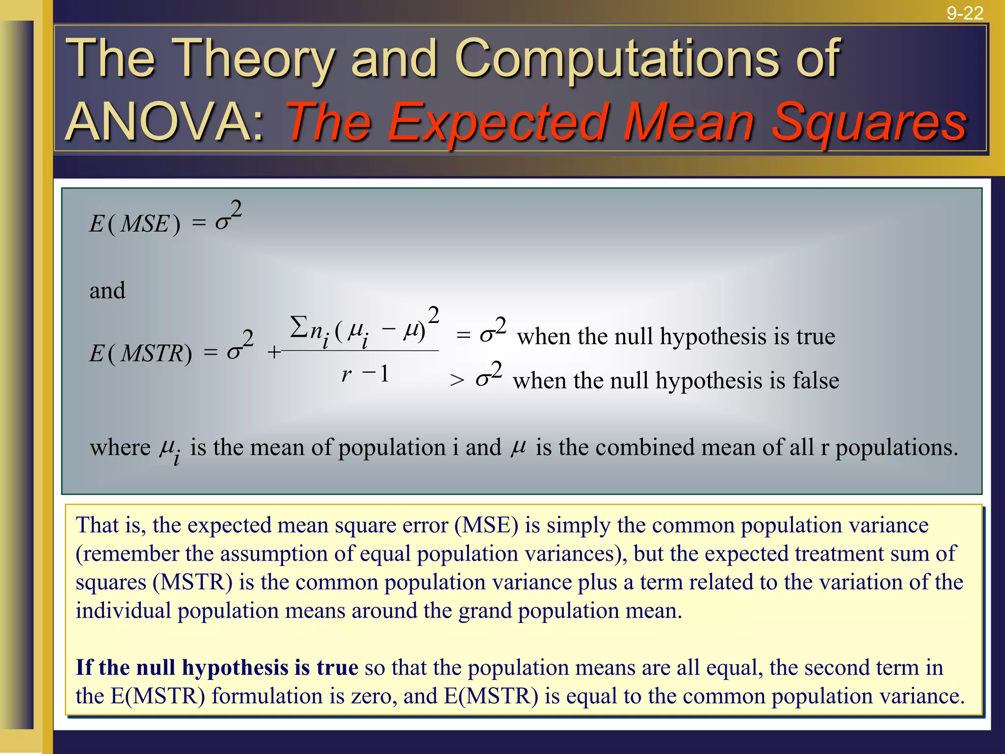 9-22
E MSE
E MSTR
ni i
r
i
( )
and
( )
( ) when the null hypothesis is true
> when the null hypothesis is false
where is the mean of population i and is the combined mean of all r populations.
=
= 



=
s
s
m m s
s
m m
2
2
2
1
2
2
That is, the expected mean square error (MSE) is simply the common population variance
(remember the assumption of equal population variances), but the expected treatment sum of
squares (MSTR) is the common population variance plus a term related to the variation of the
individual population means around the grand population mean.
If the null hypothesis is true so that the population means are all equal, the second term in
the E(MSTR) formulation is zero, and E(MSTR) is equal to the common population variance.
The Theory and Computations of
ANOVA: The Expected Mean Squares
 