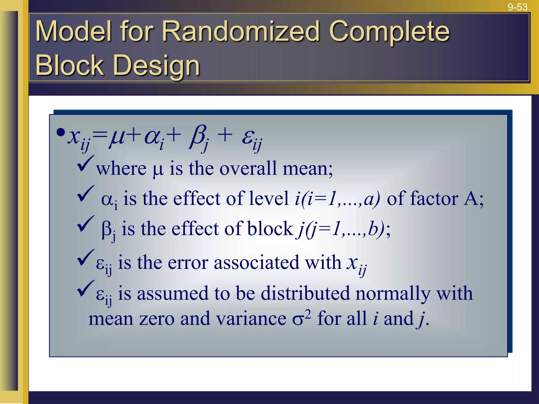 9-53
•xij=m+ai+ bj + eij
where m is the overall mean;
 ai is the effect of level i(i=1,...,a) of factor A;
 bj is the effect of block j(j=1,...,b);
eij is the error associated with xij
eij is assumed to be distributed normally with
mean zero and variance s2 for all i and j.
Model for Randomized Complete
Block Design
 