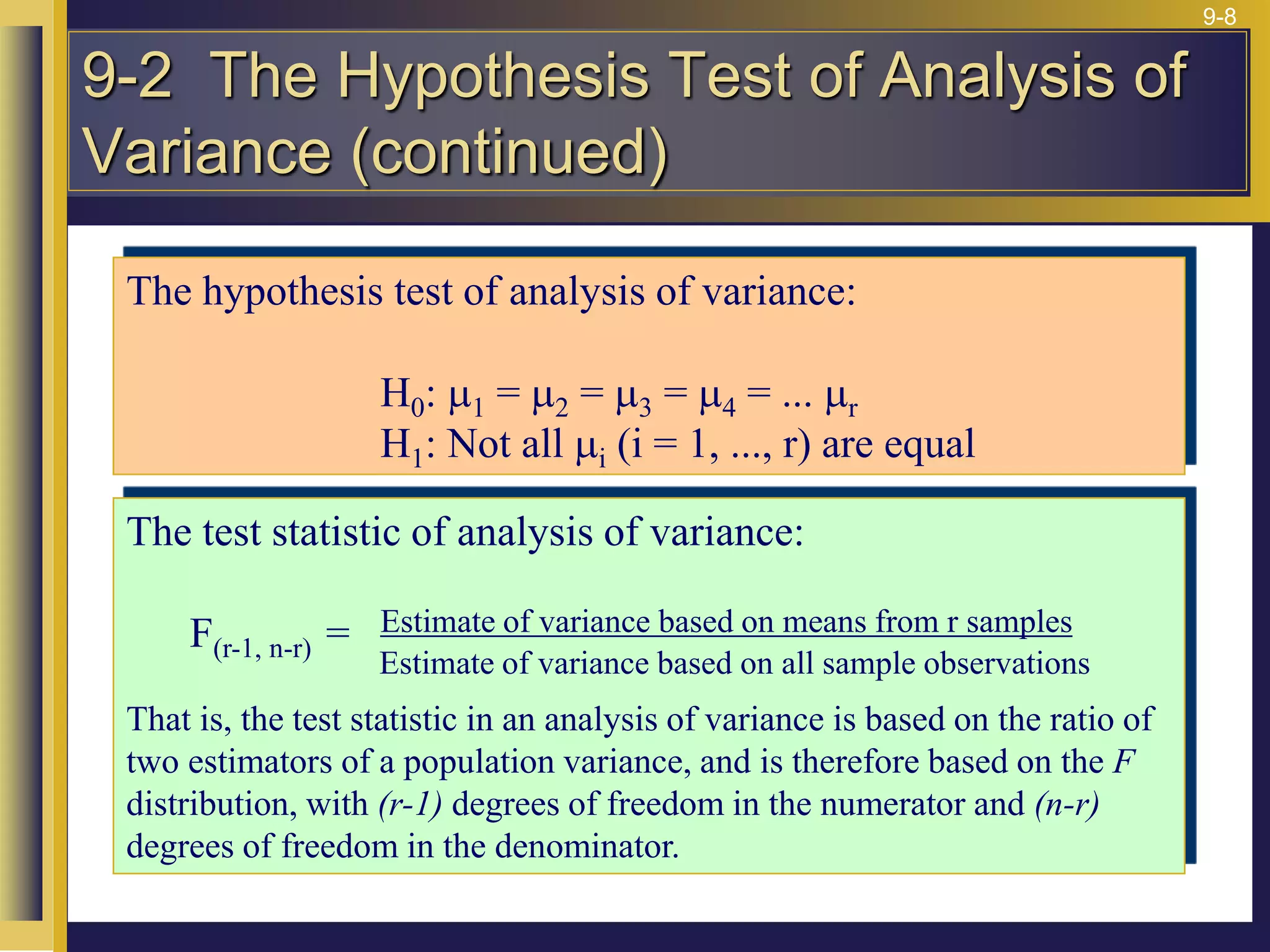 9-8
The test statistic of analysis of variance:
F(r-1, n-r) = Estimate of variance based on means from r samples
Estimate of variance based on all sample observations
That is, the test statistic in an analysis of variance is based on the ratio of
two estimators of a population variance, and is therefore based on the F
distribution, with (r-1) degrees of freedom in the numerator and (n-r)
degrees of freedom in the denominator.
The hypothesis test of analysis of variance:
H0: m1 = m2 = m3 = m4 = ... mr
H1: Not all mi (i = 1, ..., r) are equal
9-2 The Hypothesis Test of Analysis of
Variance (continued)
 