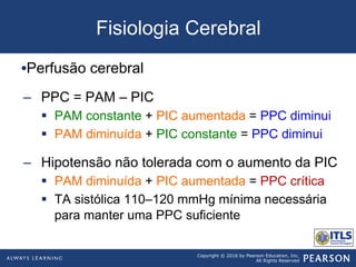 Copyright © 2016 by Pearson Education, Inc.
All Rights Reserved
Fisiologia Cerebral
• Perfusão cerebral
–  PPC = PAM – PIC
§  PAM constante + PIC aumentada = PPC diminui
§  PAM diminuída + PIC constante = PPC diminui
–  Hipotensão não tolerada com o aumento da PIC
§  PAM diminuída + PIC aumentada = PPC crítica
§  TA sistólica 110–120 mmHg mínima necessária
para manter uma PPC suficiente
 