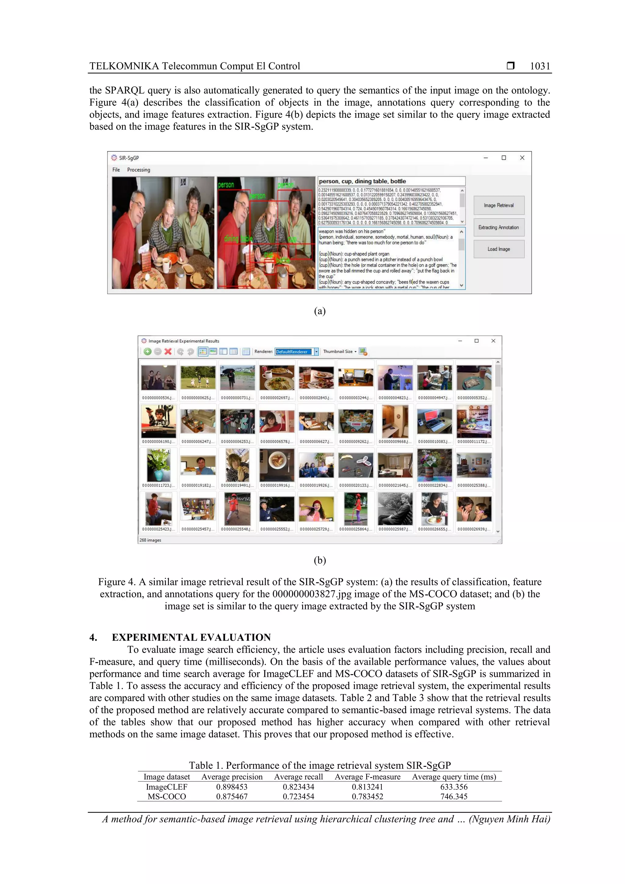 TELKOMNIKA Telecommun Comput El Control  A method for semantic-based image retrieval using hierarchical clustering tree and … (Nguyen Minh Hai) 1031 the SPARQL query is also automatically generated to query the semantics of the input image on the ontology. Figure 4(a) describes the classification of objects in the image, annotations query corresponding to the objects, and image features extraction. Figure 4(b) depicts the image set similar to the query image extracted based on the image features in the SIR-SgGP system. (a) (b) Figure 4. A similar image retrieval result of the SIR-SgGP system: (a) the results of classification, feature extraction, and annotations query for the 000000003827.jpg image of the MS-COCO dataset; and (b) the image set is similar to the query image extracted by the SIR-SgGP system 4. EXPERIMENTAL EVALUATION To evaluate image search efficiency, the article uses evaluation factors including precision, recall and F-measure, and query time (milliseconds). On the basis of the available performance values, the values about performance and time search average for ImageCLEF and MS-COCO datasets of SIR-SgGP is summarized in Table 1. To assess the accuracy and efficiency of the proposed image retrieval system, the experimental results are compared with other studies on the same image datasets. Table 2 and Table 3 show that the retrieval results of the proposed method are relatively accurate compared to semantic-based image retrieval systems. The data of the tables show that our proposed method has higher accuracy when compared with other retrieval methods on the same image dataset. This proves that our proposed method is effective. Table 1. Performance of the image retrieval system SIR-SgGP Image dataset Average precision Average recall Average F-measure Average query time (ms) ImageCLEF 0.898453 0.823434 0.813241 633.356 MS-COCO 0.875467 0.723454 0.783452 746.345 