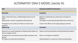 ALTERNATIEF DSM 5 MODEL (sectie III)
Zelf Interpersoonlijk functioneren
Identiteit Empathie
Eigen unieke zelf ervaren, dui...
