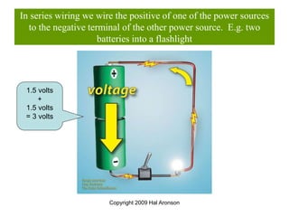 Copyright 2009 Hal Aronson
In series wiring we wire the positive of one of the power sources
to the negative terminal of the other power source. E.g. two
batteries into a flashlight
1.5 volts
+
1.5 volts
= 3 volts
 