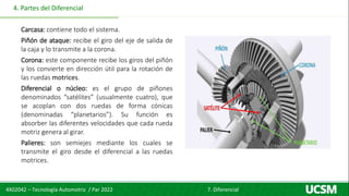 4X02042 – Tecnología Automotriz / Par 2022 7. Diferencial
4. Partes del Diferencial
Carcasa: contiene todo el sistema.
Piñón de ataque: recibe el giro del eje de salida de
la caja y lo transmite a la corona.
Corona: este componente recibe los giros del piñón
y los convierte en dirección útil para la rotación de
las ruedas motrices.
Diferencial o núcleo: es el grupo de piñones
denominados “satélites” (usualmente cuatro), que
se acoplan con dos ruedas de forma cónicas
(denominadas “planetarios”). Su función es
absorber las diferentes velocidades que cada rueda
motriz genera al girar.
Palieres: son semiejes mediante los cuales se
transmite el giro desde el diferencial a las ruedas
motrices.
 