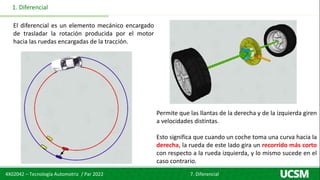 4X02042 – Tecnología Automotriz / Par 2022 7. Diferencial
1. Diferencial
El diferencial es un elemento mecánico encargado
de trasladar la rotación producida por el motor
hacia las ruedas encargadas de la tracción.
Permite que las llantas de la derecha y de la izquierda giren
a velocidades distintas.
Esto significa que cuando un coche toma una curva hacia la
derecha, la rueda de este lado gira un recorrido más corto
con respecto a la rueda izquierda, y lo mismo sucede en el
caso contrario.
 