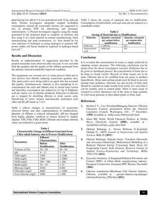 International Research Journal of Environment Sciences______________________________________________ ISSN 2319–1414
Vol. 2(2), 44-47, February (2013) Int. Res. J. Environment Sci.
International Science Congress Association 46
plant having low pH of 3-4 was neutralized with 32 kg soda ash
daily. Present investigator altogether stopped acid/alkali
consumption, instead all wastewater streams are suggested to
mix in primary ETP for intermixing and automatic
neutralization. vi. Present investigator suggests using the sludge
generated in the treatment plant as compost, as fertilizer and
also using it as a feed material in cement manufacturing, brick
manufacturing and road construction. vii. Aim should be for
zero emission of hydrogen as using hydrogen to generate DC
power within cell house should be explored in hydrogen based
fuel cell 17
.
Results and Discussion
Results of implementation of suggestions provided by the
present researcher were observed after one year. It was seen that
both the quantity and the quality of the effluent generated from
the industry showed remarkably improved condition.
The equipments are covered now to retain process fluid and to
save process loss thereby reducing wastewater quantity also.
This spent acid is now being sold to an agent who has accepted
this quality. Simultaneously, industry is also attempting to re-
concentration the used and diluted acid in closed loop system
and thereafter consumption has reduced to 0.1 kg of Sulphuric
acid per metric ton of chlorine produced. Emission of chlorine
gas is stopped by absorbing chlorine in weak caustic soda.
Intermixing of waste streams automatically neutralizes each
other and the pH stands at 7 to 9.
Table 1 reflects changes in characteristics of wastewater
observed before and after implementation of modifications.
Quantity of effluent is reduced substantially. pH has changed
from highly alkaline condition to almost neutral to slightly
alkaline. TSS, TDS, COD, BOD, Chloride and residual chlorine
values are reduced to a great extent.
Table-1
Characteristic Change in Effluent Generated from
Chlor-alkali Industry due to Process Modifications
Parameters
Effluent
Characteristics
Before
Modification
After
Modification
Volume (m3
/h) 30 – 50 20 - 40
pH 8 – 12 7 – 9
TSS (mg/l) 2500 < 1200
TDS (mg/l) 7400 < 2000
COD (mg/l) 250 – 300 < 200
BOD (mg/l) 35 – 55 < 35
Mercury (mg/l) 0.001 0.001
Chlorides (mg/l) 4800 < 1000
Free Chlorine (mg/l) 1000 < 400
Table 2 shows the saving of materials due to modification.
Consumption of hydrochloric acid and soda ash are reduced to a
remarkable extent.
Table-2
Saving of Materials due to Modifications
Materials Quantity consumed
per annum before
modification
Quantity consumed
per annum after
modification
Soda ash 11,000 kg Nil
Hydrochloric
acid
9000 liter Nil
Conclusion
It is revealed that minimization of waste is amply achieved by
adopting certain measures. The following conclusions can be
drawn from the above investigative research. Preference has to
be given to membrane process. Re-concentration of brine has to
be done in closed vessels. Recycle of brine wastes are to be
done. Chlorine has to be scrubbed from tail gases to produce
hypochlorite. Brine mud settling ponds must be lined to prevent
ground water pollution. Alternate use and recycle of brine mud
should be searched to make wealth from waste. It is seen that it
can be suitably used in cement plant. There is more scope of
research to evolve alternative use of the same as huge quantity
of solid waste generate in chlor-alkali plants as brine mud.
References
1. Howlet C.T., Vice President/Managing Director, Chlorine
Chemistry Council, presentation before the Americal
Legislative Council, Washington, D.C., 7th
December,
(1995) Available at : kbda.com/c3/library/cth3.html
2. Islam Md. Saiful, World Chemical Products & Global
Heavy Chemicals Limited (2009), available at :
opsoglobal.com/opso_g/gh_intro.html
3. Olufemi Babatope A., Ozowe Williams O.,Komolafe
Ololade O., ARPN Journal of Engineering and Applied
Sciences, 6(3), 49 (2011)
4. Olufemi Babatope, Popoola Grace, Towobola Oluwatobi
and Awosanya Olanrewaju, Mathematical Modelling of a
Reduced Thermal Energy Consuming Spary Dryer for
Evaporating Caustic Soda Solution, Research Journal of
Applied Sciences,Engineering and Technology, 4(11),
1550-1556 (2012)
5. Executive Summary of Integrated Pollution Prevention and
Control (IPPC) in Chlor-Alkali manufacturing industry,
European Commission, European IPPC Bureau, December
(2001)
6. Chlorine manufacture-Membrane Cell, Greener Industry,
Chlorine, available at : greener-industry.org.uk/pages
/chlorine/8chlorine_PM3.htm (2012)
 