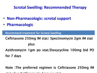 Scrotal Swelling: Recommended Therapy
• Non-Pharmacologic: scrotal support
• Pharmacologic
33
Recommend treatment for Scrotal Swelling
Ceftriaxone 250mg IM stat/ Spectinomycin 2gm IM stat
plus
Azithromycin 1gm po stat/Doxycycline 100mg bid PO
for 7 days
Note :The preferred regimen is Ceftriaxone 250mg IM
 