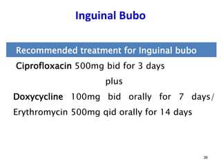 Inguinal Bubo
36
Recommended treatment for Inguinal bubo
Ciprofloxacin 500mg bid for 3 days
plus
Doxycycline 100mg bid orally for 7 days/
Erythromycin 500mg qid orally for 14 days
 