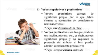 1) Verbos copulativos y predicativos
 Verbos copulativos carecen de
significado propio, por lo que deben
siempre se acompañan del complemento
nominal atributo:
Pepe está distraído de la clase
 Verbos predicativos son los que predican
una acción, proceso, etc., es decir, poseen
significado propio y no requieren la
presencia del atributo, si bien pueden
admitir complemento predicativo:
Pepe siempre camina distraído
 