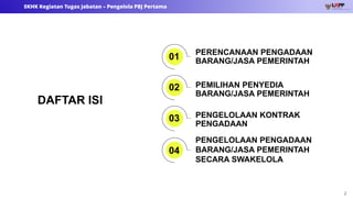 2
SKHK Kegiatan Tugas Jabatan – Pengelola PBJ Pertama
PENGELOLAAN KONTRAK
PENGADAAN
01
02
03
PEMILIHAN PENYEDIA
BARANG/JASA PEMERINTAH
PERENCANAAN PENGADAAN
BARANG/JASA PEMERINTAH
PENGELOLAAN PENGADAAN
BARANG/JASA PEMERINTAH
SECARA SWAKELOLA
04
DAFTAR ISI
 