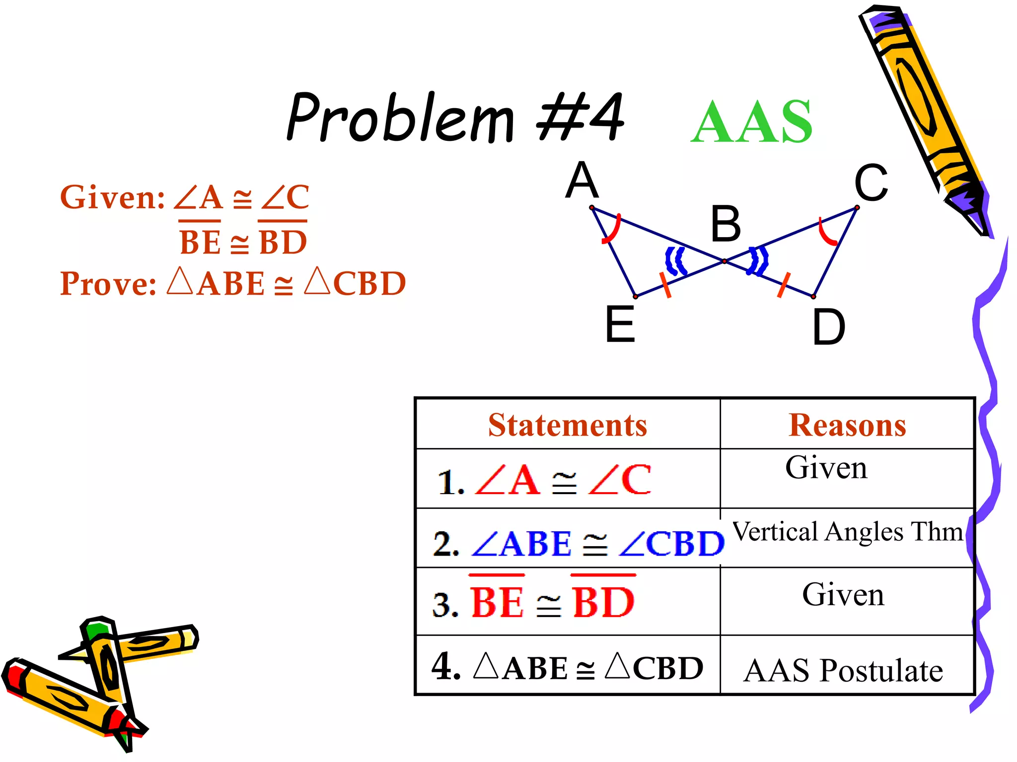 Problem #4
Statements Reasons
AAS
Given
Given
Vertical Angles Thm
AAS Postulate
Given: A  C
BE  BD
Prove: ABE  CBD
E
C
D
A
B
4. ABE  CBD
37
 