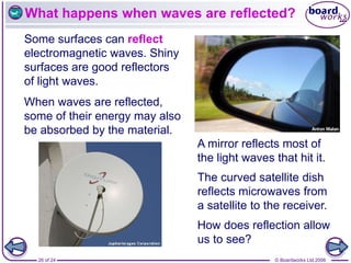 © Boardworks Ltd 2006
26 of 24
What happens when waves are reflected?
Some surfaces can reflect
electromagnetic waves. Shiny
surfaces are good reflectors
of light waves.
A mirror reflects most of
the light waves that hit it.
When waves are reflected,
some of their energy may also
be absorbed by the material.
The curved satellite dish
reflects microwaves from
a satellite to the receiver.
How does reflection allow
us to see?
 
