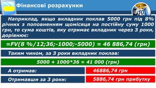 10
Фінансові розрахунки
Наприклад, якщо вкладник поклав 5000 грн під 8%
річних з поповненням щомісяця на постійну суму 1000
грн, то сума коштів, яку отримає вкладник через З роки,
дорівнює:
=FV(8 %/12;36;-1000;-5000) = 46 886,74 (грн)
Таким чином, за З роки вкладник поклав:
5000 + 1000*36 = 41 000 (грн)
А отримав:
Отримавши за 3 роки:
46886,74 грн
5886,74 грн прибутку
 