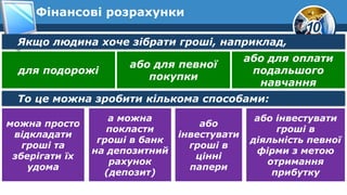 10
Фінансові розрахунки
Якщо людина хоче зібрати гроші, наприклад,
для подорожі
або для певної
покупки
або для оплати
подальшого
навчання
То це можна зробити кількома способами:
можна просто
відкладати
гроші та
зберігати їх
удома
а можна
покласти
гроші в банк
на депозитний
рахунок
(депозит)
або
інвестувати
гроші в
цінні
папери
або інвестувати
гроші в
діяльність певної
фірми з метою
отримання
прибутку
 