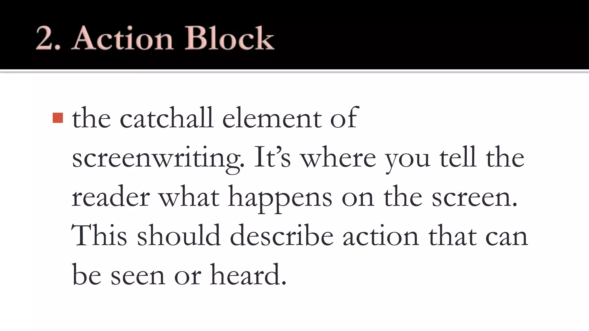  the catchall element of
screenwriting. It’s where you tell the
reader what happens on the screen.
This should describe action that can
be seen or heard.