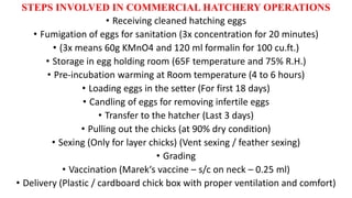 STEPS INVOLVED IN COMMERCIAL HATCHERY OPERATIONS
• Receiving cleaned hatching eggs
• Fumigation of eggs for sanitation (3x concentration for 20 minutes)
• (3x means 60g KMnO4 and 120 ml formalin for 100 cu.ft.)
• Storage in egg holding room (65F temperature and 75% R.H.)
• Pre-incubation warming at Room temperature (4 to 6 hours)
• Loading eggs in the setter (For first 18 days)
• Candling of eggs for removing infertile eggs
• Transfer to the hatcher (Last 3 days)
• Pulling out the chicks (at 90% dry condition)
• Sexing (Only for layer chicks) (Vent sexing / feather sexing)
• Grading
• Vaccination (Marek‘s vaccine – s/c on neck – 0.25 ml)
• Delivery (Plastic / cardboard chick box with proper ventilation and comfort)
 
