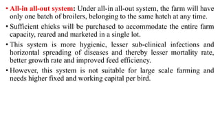 • All-in all-out system: Under all-in all-out system, the farm will have
only one batch of broilers, belonging to the same hatch at any time.
• Sufficient chicks will be purchased to accommodate the entire farm
capacity, reared and marketed in a single lot.
• This system is more hygienic, lesser sub-clinical infections and
horizontal spreading of diseases and thereby lesser mortality rate,
better growth rate and improved feed efficiency.
• However, this system is not suitable for large scale farming and
needs higher fixed and working capital per bird.
 