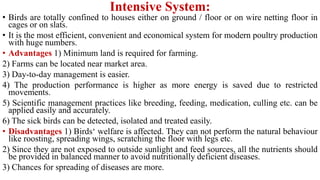 Intensive System:
• Birds are totally confined to houses either on ground / floor or on wire netting floor in
cages or on slats.
• It is the most efficient, convenient and economical system for modern poultry production
with huge numbers.
• Advantages 1) Minimum land is required for farming.
2) Farms can be located near market area.
3) Day-to-day management is easier.
4) The production performance is higher as more energy is saved due to restricted
movements.
5) Scientific management practices like breeding, feeding, medication, culling etc. can be
applied easily and accurately.
6) The sick birds can be detected, isolated and treated easily.
• Disadvantages 1) Birds‘ welfare is affected. They can not perform the natural behaviour
like roosting, spreading wings, scratching the floor with legs etc.
2) Since they are not exposed to outside sunlight and feed sources, all the nutrients should
be provided in balanced manner to avoid nutritionally deficient diseases.
3) Chances for spreading of diseases are more.
 