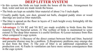 DEEP LITTER SYSTEM
• In this system the birds are kept inside the house all the time. Arrangement for
feed, water and nest are made inside the house.
• The birds are kept on suitable litter material of about 3 to 5 inch depth.
• Usually paddy husk, saw dust, ground nut hulls, chopped paddy straw or wood
shavings are used as litter materials.
• The litter is spread on the floor in layers of 2 inch height every fortnightly till the
required is achieved.
• Advantages 1) Vit B2 and Vit B12 are made available to birds from the litter
material by the bacterial action. 2) The welfare of birds is maintained to some
extend 3) The deep litter manure is a useful fertilizer. 4) Lesser nuisance from flies
when compared to cage system.
• Disadvantages 1) Because of the direct contact between bird and litter, bacterial
and parasitic disease may be a problem. 2) Respiratory problems may emerge due
to dust from the litter. 3) The cost of litter is an additional expenditure on
production cost. 4) Faults in ventilation can have more serious consequences than
in the cage system
 