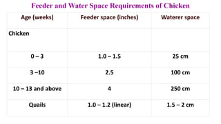 Feeder and Water Space Requirements of Chicken
Age (weeks) Feeder space (inches) Waterer space
Chicken
0 – 3 1.0 – 1.5 25 cm
3 –10 2.5 100 cm
10 – 13 and above 4 250 cm
Quails 1.0 – 1.2 (linear) 1.5 – 2 cm
 