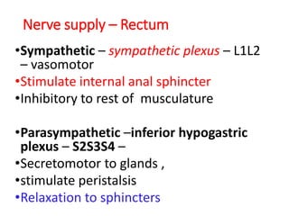 Nerve supply – Rectum
•Sympathetic – sympathetic plexus – L1L2
– vasomotor
•Stimulate internal anal sphincter
•Inhibitory to rest of musculature
•Parasympathetic –inferior hypogastric
plexus – S2S3S4 –
•Secretomotor to glands ,
•stimulate peristalsis
•Relaxation to sphincters
 