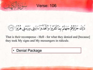 Verse: 106
• Denial Package
That is their recompense - Hell - for what they denied and [because]
they took My signs and My messengers in ridicule.
 