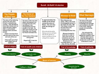 Good companions Knowing the reality
of life
Humility Sincerity
Remembering the
Hereafter
Calling to Allaah
Boats of success
Surah Al-Kahf =4 stories
Trial of authority
Trial of knowledge
Trial of wealth and children
Trial of religion
The People
of the Cave
The Owner of
the Two Gardens Moosaa & Khidr Dhul Qarnayn
The story of the great
king that joined both
knowledge and strength,
and traveled to all parts
of the earth, helping
people and spreading
goodness.
- He overcame the
problem of Gog and
Magog by building a dam
and was able to put to
work the strength of a
people who could hardly
understand a word.
When Moosaa was
asked, “Who is the most
knowledgeable person in
the earth? He said, “Me”
Then Allaah revealed to
him that there was
someone more
knowledgeable than him.
- Moosaa traveled to
meet him in order to
learn from him how
sometimes we do not
understand Allaah’s
Wisdom but He is
invariably Wise (i.e. – the
ship, the boy, the wall)
In approximately the
middle of the Surah
comes the story of
Iblees - the one who
pulls the strings of
fitnah.
Willyou then take him and his
offspring asprotectors and helpers
rather than Mewhile they are
enemies toyou What an evil isthe
exchange for the wrongdoers.
The story of the man who
Allaah had blessed, but
he forgot the One who
had blessed him,
transgressed and had
doubts in his faith. He
didn’t give thanks for the
blessings, even though
his friend reminded him.
- Destruction of the crops
and harvest
+
- Regret after it was too
late
The story of the believing
young men who were
living in a disbelieving
country. They decided to
leave their homes and run
away with their religion
after a confrontation
between them and their
people.
- Allaah rewarded them
with the mercy of the cave
and care of the sun
+
- They woke up to find
their village were all
believers
 