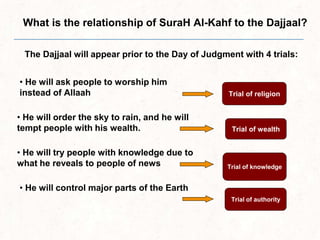 What is the relationship of SuraH Al-Kahf to the Dajjaal?
The Dajjaal will appear prior to the Day of Judgment with 4 trials:
• He will ask people to worship him
instead of Allaah
• He will order the sky to rain, and he will
tempt people with his wealth.
• He will try people with knowledge due to
what he reveals to people of news
• He will control major parts of the Earth
Trial of religion
Trial of wealth
Trial of knowledge
Trial of authority
 