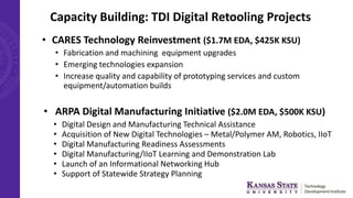 Capacity Building: TDI Digital Retooling Projects
• CARES Technology Reinvestment ($1.7M EDA, $425K KSU)
• Fabrication and machining equipment upgrades
• Emerging technologies expansion
• Increase quality and capability of prototyping services and custom
equipment/automation builds
• ARPA Digital Manufacturing Initiative ($2.0M EDA, $500K KSU)
• Digital Design and Manufacturing Technical Assistance
• Acquisition of New Digital Technologies – Metal/Polymer AM, Robotics, IIoT
• Digital Manufacturing Readiness Assessments
• Digital Manufacturing/IIoT Learning and Demonstration Lab
• Launch of an Informational Networking Hub
• Support of Statewide Strategy Planning
 