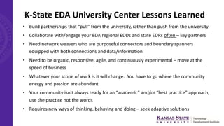 K-State EDA University Center Lessons Learned
• Build partnerships that “pull” from the university, rather than push from the university
• Collaborate with/engage your EDA regional EDDs and state EDRs often – key partners
• Need network weavers who are purposeful connectors and boundary spanners
equipped with both connections and data/information
• Need to be organic, responsive, agile, and continuously experimental – move at the
speed of business
• Whatever your scope of work is it will change. You have to go where the community
energy and passion are abundant
• Your community isn’t always ready for an “academic” and/or “best practice” approach,
use the practice not the words
• Requires new ways of thinking, behaving and doing – seek adaptive solutions
 